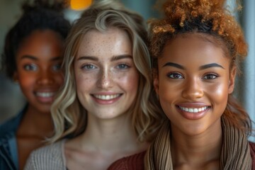 An intimate and friendly shot of three young women from diverse ethnic backgrounds smiling