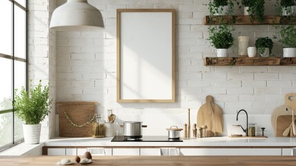 Generative AI image of Frame mockup in farmhouse kitchen interior background, 3d render.