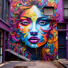 Vibrant street art in an urban alley. 