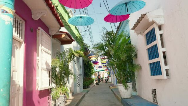 Scenic streets of Cartagena in historic Getsemani district near Walled City, Ciudad Amurallada. Colombia
