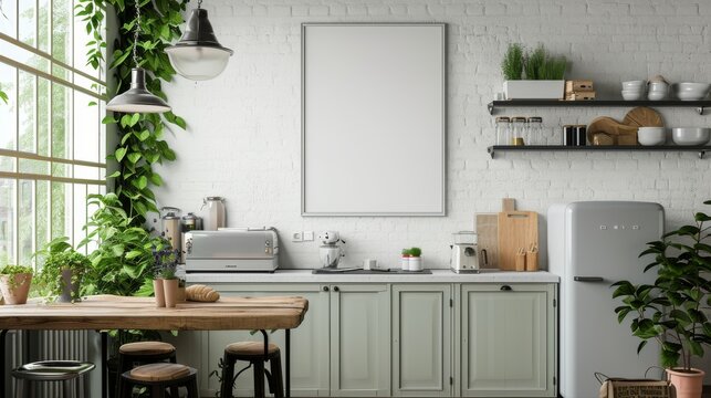 Generative AI image of Frame mockup in farmhouse kitchen interior background, 3d render.