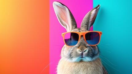 Generative AI image of Funny bunny head in sunglasses on colorful background