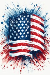 Patriotic Explosion - American Flag with Dynamic Watercolor Splatters.