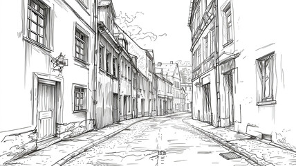 Old city. A sketch of a quaint, narrow street lined with traditional buildings, creating an old-world charm. narrow street