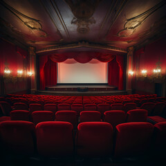 Vintage cinema with red velvet seats and a big screen