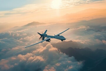 With the sunrise illuminating its path, this high-altitude drone hovers above a sea of clouds, showcasing serene aerial beauty. - obrazy, fototapety, plakaty