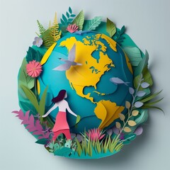 Beautiful, stylized illustration representing the Earth with symbols of fauna, flora and mankind, a woman walking in nature as a symbol for environment protection and preservation of the blue planet