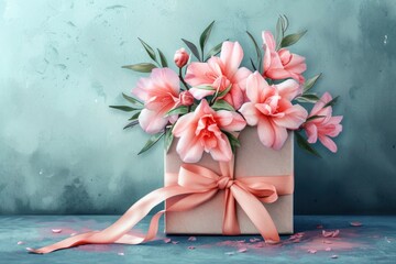 A charming watercolor illustration of a gift box adorned with a satin ribbon and surrounded by spring florals, invoking a sense of celebration and joy.