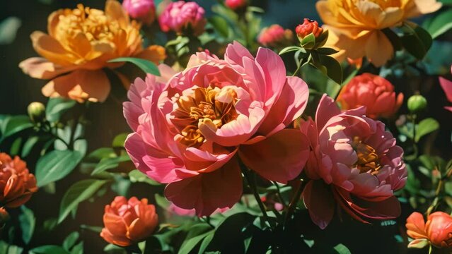 International Women's Day Video animation of vibrant display of blooming peonies in various stages of bloom, showcasing their lush petals and rich colors against a dark background