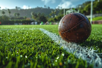 Vibrant football resting on a dew-covered grass field with white line marking in the early morning