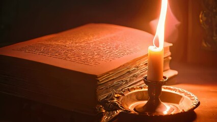 World Poetry Day Video animation of introspective moment, featuring an open book illuminated by the gentle light of a burning candle. The candle is placed in an ornate holder