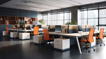 Modern Office Workspace with Open Plan Desks and Bright Orange Chairs