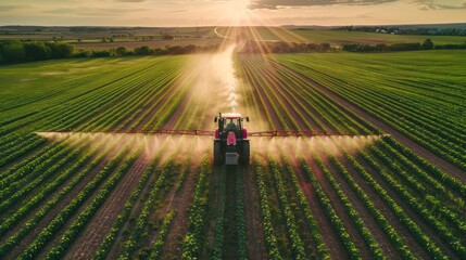 A tractor spraying pesticide fertilizer on a beautiful soybean farm in the spring sunset. Agriculture concept suitable for industry and production - obrazy, fototapety, plakaty
