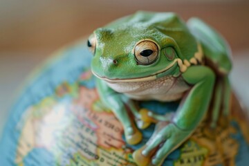 Close-Up of a Green Tree Frog on a Colorful Globe. Leap year concept.