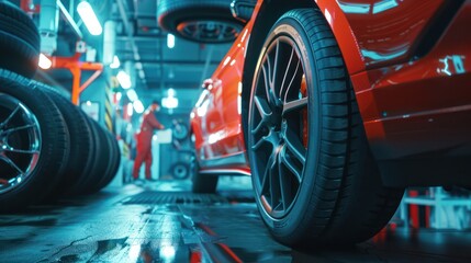 Auto repair service center offers comprehensive car care, with specific attention to tires. - obrazy, fototapety, plakaty