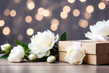 White Peonies and Gift Box with Bokeh