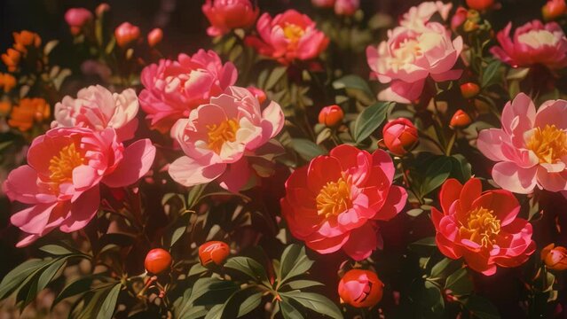 International Women's Day Video animation of blooming peonies in various shades of pink and red, surrounded by lush green leaves. The flowers are at different stages of bloom