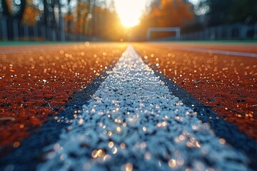 Close-up of an orange running track's white line with morning dew against sunrise - obrazy, fototapety, plakaty
