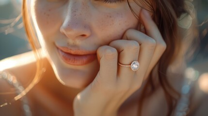 Close-up of a young woman's left ring finger adorned with a diamond ring, symbolizing joy from a marriage proposal. - obrazy, fototapety, plakaty