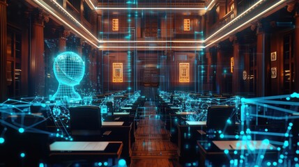 Within the Cyber Justice System, a technologically advanced courtroom features AI judges managing digital legal matters. - obrazy, fototapety, plakaty
