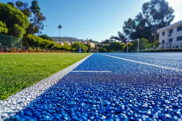 Vivid blue running track with crisp white line and a warm glowing sunrise at the horizon, symbolizing new beginnings and goals