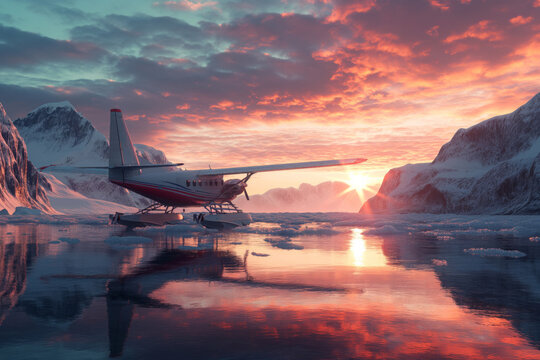 Scenic Alaska landscape with hydroplane airplane and ice glacier at sunset or sunrise