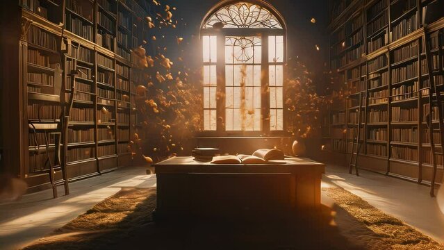 World Poetry Day Video animation of scene of a library with tall bookshelves filled with books, a large arched window allowing the golden sunlight to illuminate the room, casting beautiful highlights.