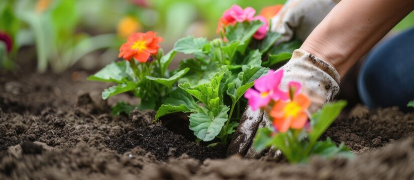 A close-up view of a persons hands as they plant colorful flowers in soil, carefully placing them and adding fertilizer for healthy growth.