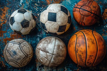 Collection of old, worn soccer and basketballs displayed on a grungy, textured surface, evoking nostalgia and history