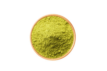 Moringa leaf (Moringa Oleifera) and moringa powder in wooden bowl isolated on white background. Matcha tea powder, spinach, chlorella, moringa, wheatgrass, or broccoli powder.