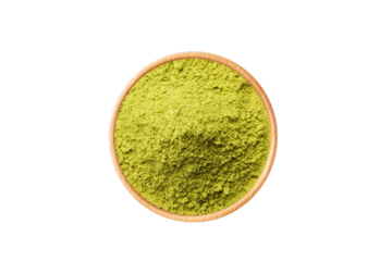 Moringa leaf (Moringa Oleifera) and moringa powder in wooden bowl isolated on white background. Matcha tea powder, spinach, chlorella, moringa, wheatgrass, or broccoli powder.