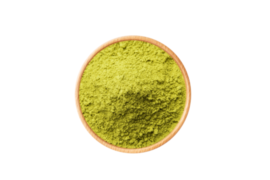 Moringa leaf (Moringa Oleifera) and moringa powder in wooden bowl isolated on white background. Matcha tea powder, spinach, chlorella, moringa, wheatgrass, or broccoli powder.