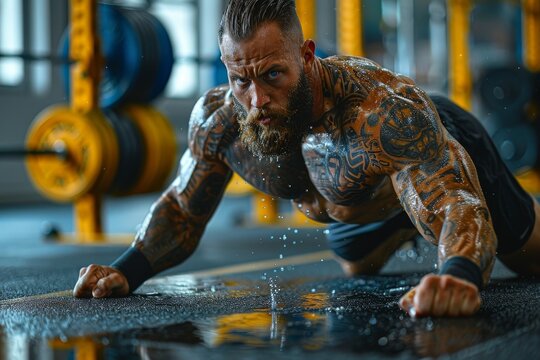 A heavily tattooed athlete engages in a powerful workout, highlighting determination and strength, omitting blurred face