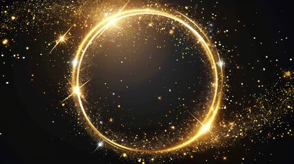 Golden glitter creates a circle of light and sparkle, with shimmering particles forming a circular frame on a black surface.