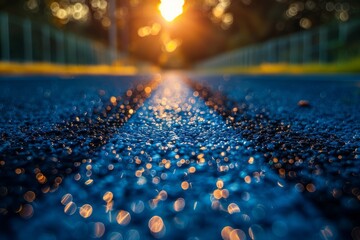 This picture showcases a close-up of a blue running track with a glistening surface lit by the warm glow of a sunset in the background - obrazy, fototapety, plakaty