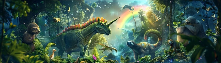 Obraz na płótnie Canvas Unlock a fantasy realm with a 3D puzzle, where rainbows, unicorns, and dinosaurs shine a light on autism awareness, with sloths observing quietly