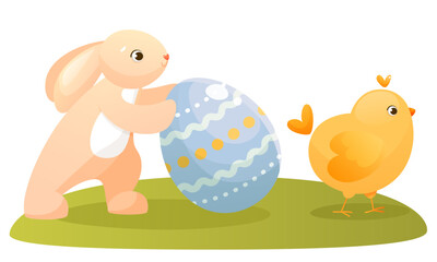 Easter bunny, chicken, and painted Easter egg. Cute pink bunny pushes easter egg forward, yellow chicken goes, egg hunt. Cute characters for Easter card or children's book