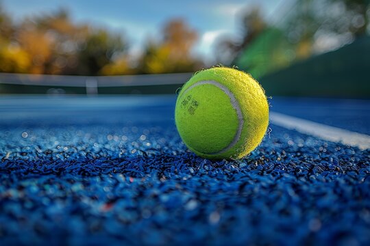 High-resolution image featuring a tennis ball on the court with the play of light creating long shadows