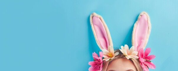 Easter Bunny Ears with Floral Crown on Blue Background.