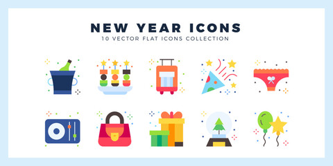 10 New Year Flat icon pack. vector illustration.