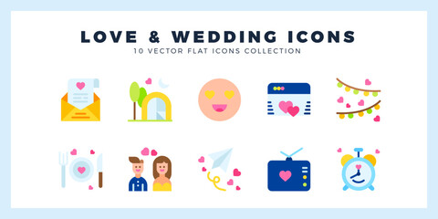 10 Love And Wedding Flat icon pack. vector illustration.