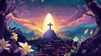 Illustrated Easter Sunrise Service with Cross. - obrazy, fototapety, plakaty
