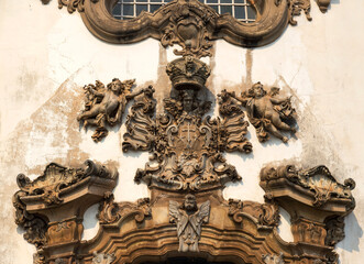 Details of angels carved in stone on the door of the church of Nossa Senhora do Carmo in the city of Ouro Preto in Minas Gerais