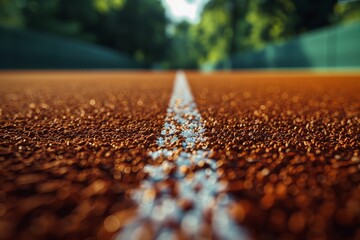 A detailed view of a red running track surface with a focus on the white lane lines and a blurred background
