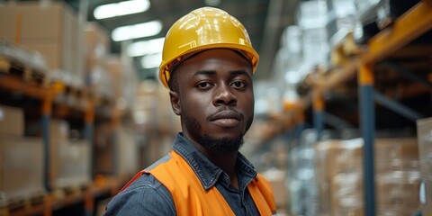 A confident black man in a warehouse wears a helmet, showcasing professionalism and expertise in the industrial sector. - obrazy, fototapety, plakaty