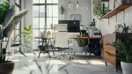 Modern office workspace. Room is designed with contemporary furniture and stylish decor creating clean and comfortable environment for work. Central focus is on desk with setup indicating