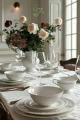 A beautifully arranged dining table with elegant white settings, featuring vintage decor and a romantic floral bouquet.