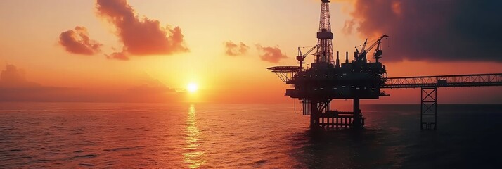 An offshore oil rig stands against the backdrop of a sea at sunset, representing industrial energy production and environmental challenges.