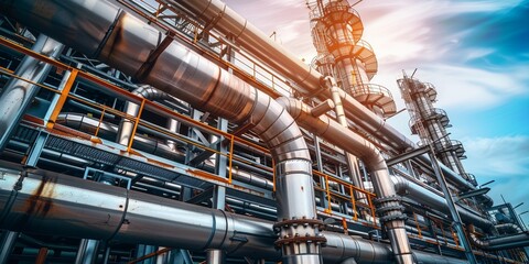 An industrial plant with pipelines and machinery, symbolizing energy production and environmental challenges in the modern world.