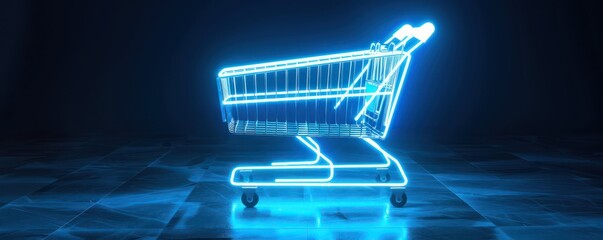 Neon shopping cart symbolizing e-commerce consumerism and digital retail, ideal for representing the future of online commerce.